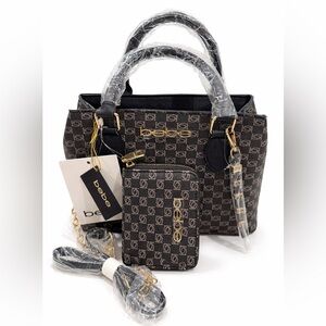 Bebe Black and Gold Patterned Satchel Set